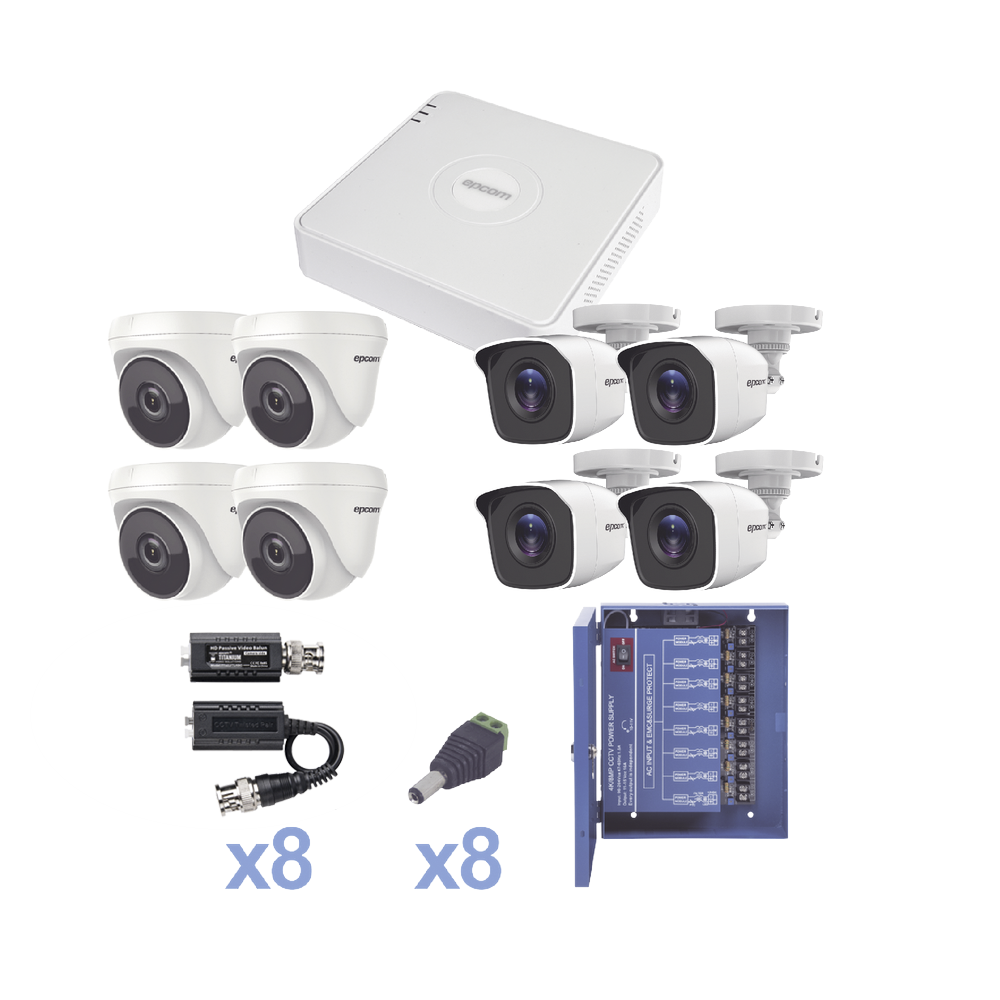 KIT TurboHD 720p / DVR 8 Ch / 4 Cámaras Bullet ( exterior 3.6 mm ) / 4 Cámaras Eyeball (interior 3.6mm ) / Transceptores / Conectores / Fuente de Poder Profesional